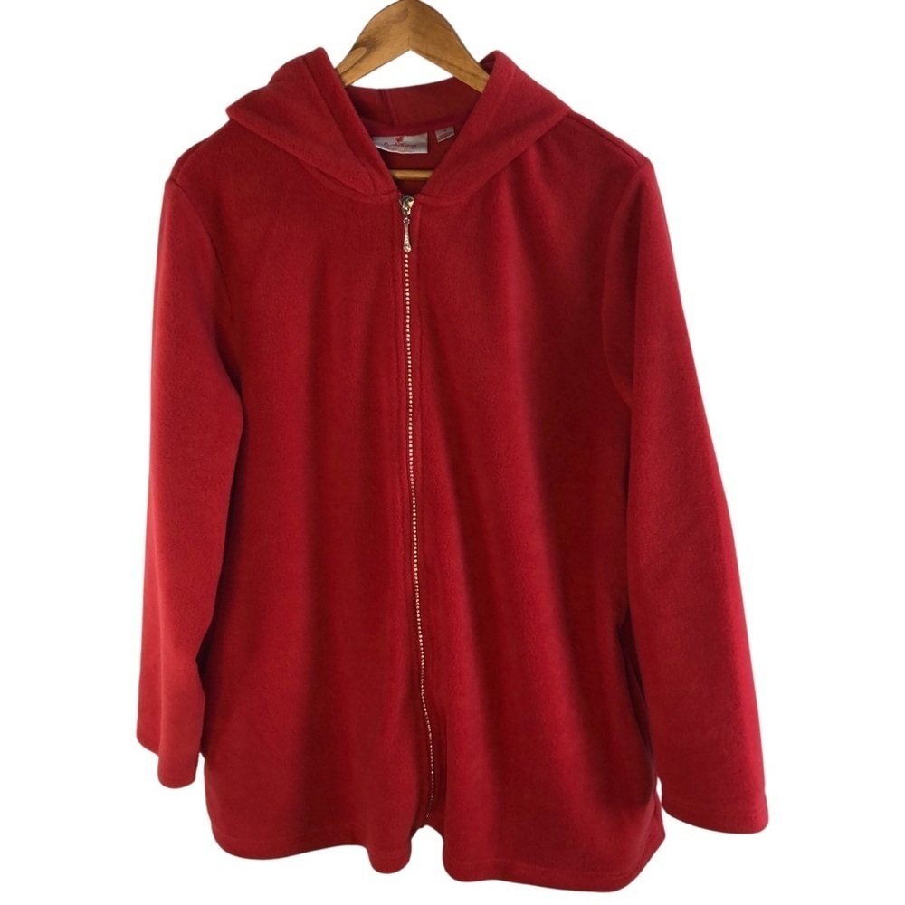 Quacker Factory Fleece Hoodie Women’s 1X Red Jeweled Rhinestone Zipper Cozy - Picture 4 of 13